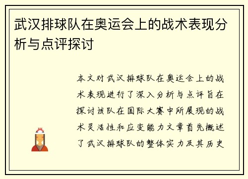武汉排球队在奥运会上的战术表现分析与点评探讨