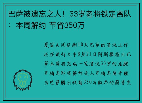 巴萨被遗忘之人！33岁老将铁定离队：本周解约 节省350万