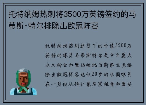 托特纳姆热刺将3500万英镑签约的马蒂斯·特尔排除出欧冠阵容